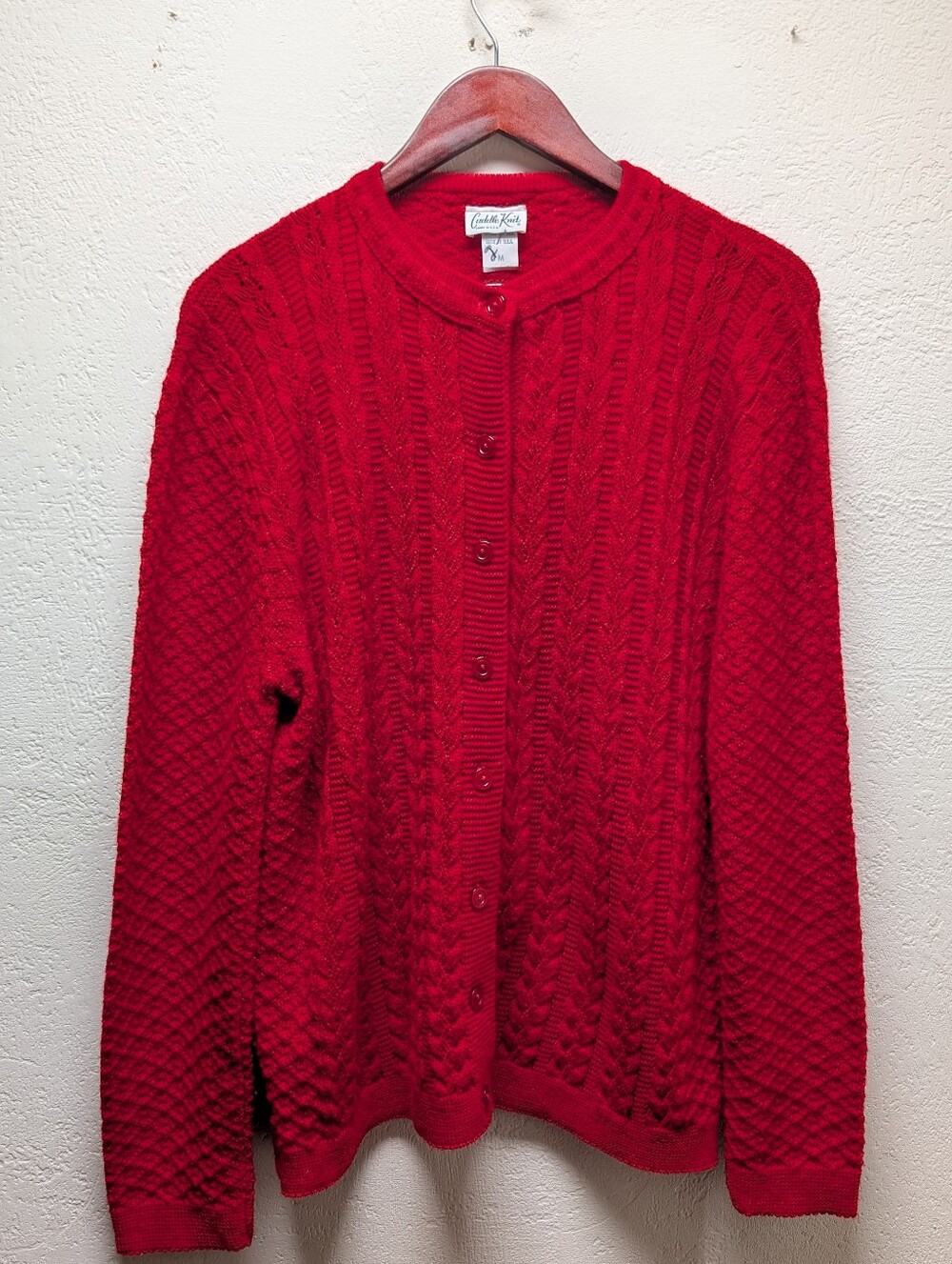 Vintage Red Cable Knit Cardigan, Late 60s–70s Sweater Textured Knit Button Sz M.